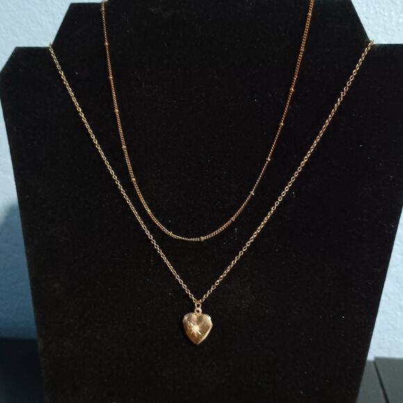 Gold-Toned Double-Layer Necklace w/ Heart Locket Pendant, 16" - Picture 1 of 5